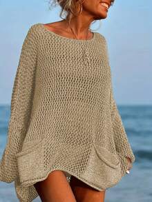 Große Größen Damen Sexy Loose Beach Cover Up mit Ausschnitten, Langarm Rundhals mit Taschen für den Urlaub im Sommer - Khaki - Übersicht 5