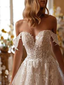 Elegant Sexy Off Shoulder Lace Appliqué A Line Tulle Formal Wedding Dress,Registry Office Dresses Bridal Gown,Evening Party Dress Birthday Party Dress Country Wedding,Romantic Church Ceremony Wedding Dress,Suitable For Wedding,Dating,Party,Singles' Party,Vacation,Formal Occasions,Dinner Dress,Prom Dress,Homecoming Dess,Cocktail Party,Wedding Guest Dress,Graduation - trắng - Xem 3