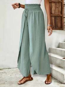 Woman Sage Wide Leg Pants – High Waist Split Flowy Summer Trousers - Green - View 3