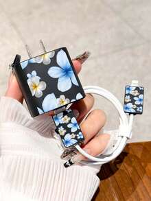 优雅蓝白花卉图案充电线收纳器，保护套，兼容 15 Pro Max、17 Pro Max、16 Pro Max、11、12、13、14 Pro Max - 黑色 - 查看 1