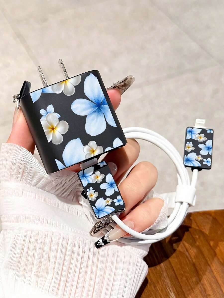 优雅蓝白花卉图案充电线收纳器，保护套，兼容 15 Pro Max、17 Pro Max、16 Pro Max、11、12、13、14 Pro Max - 黑色 - 查看 1