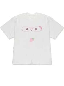 2026 Spring/Summer New Oversize Women'S T-Shirt | Sweet Strawberry Glasses Cat Print Loose Short Sleeve, Soft And Style, Eye-Catching Casual Wear For Both Men And Women - 白色 - 查看 1