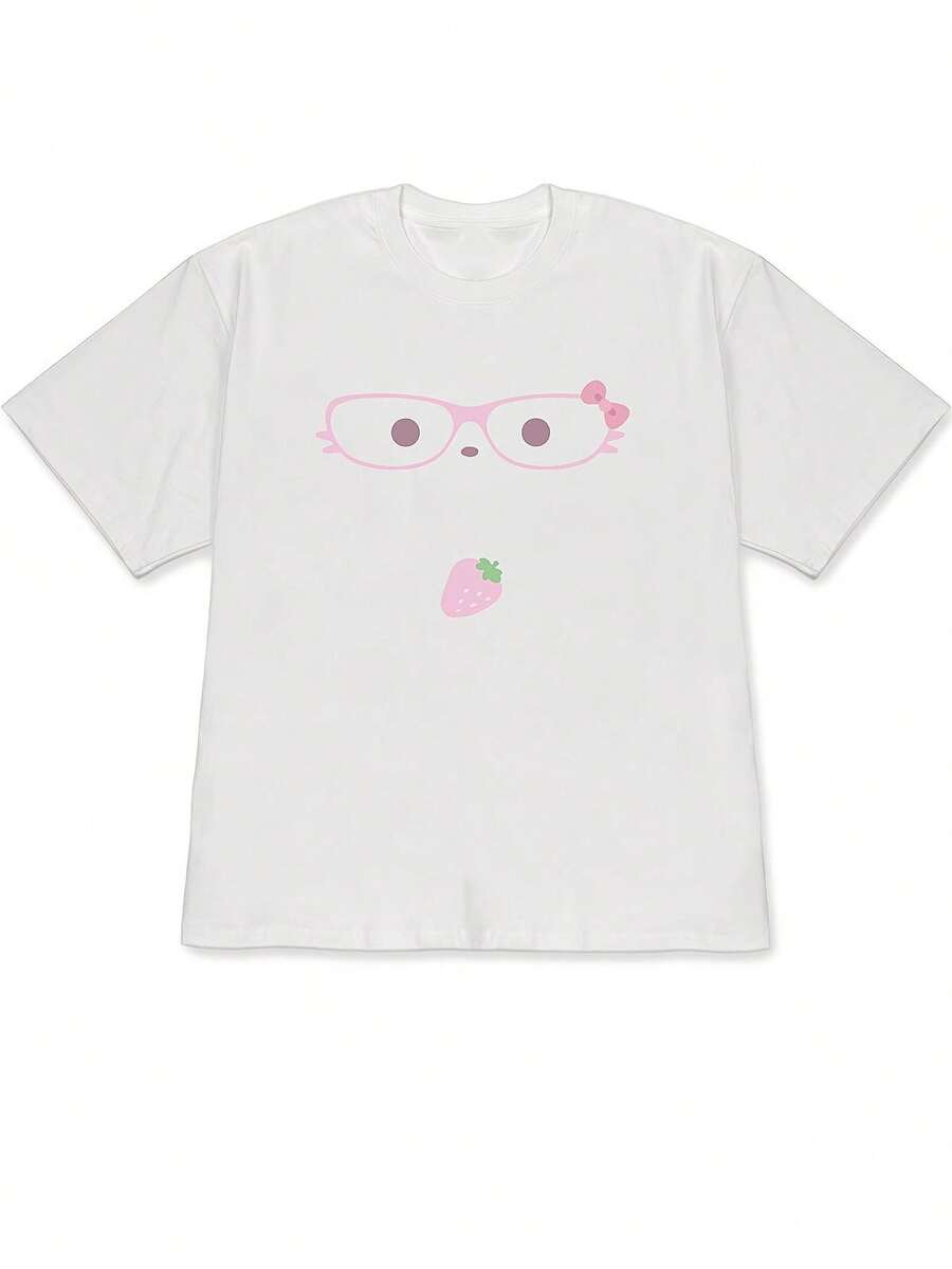 2026 Spring/Summer New Oversize Women'S T-Shirt | Sweet Strawberry Glasses Cat Print Loose Short Sleeve, Soft And Style, Eye-Catching Casual Wear For Both Men And Women - 白色 - 查看 1