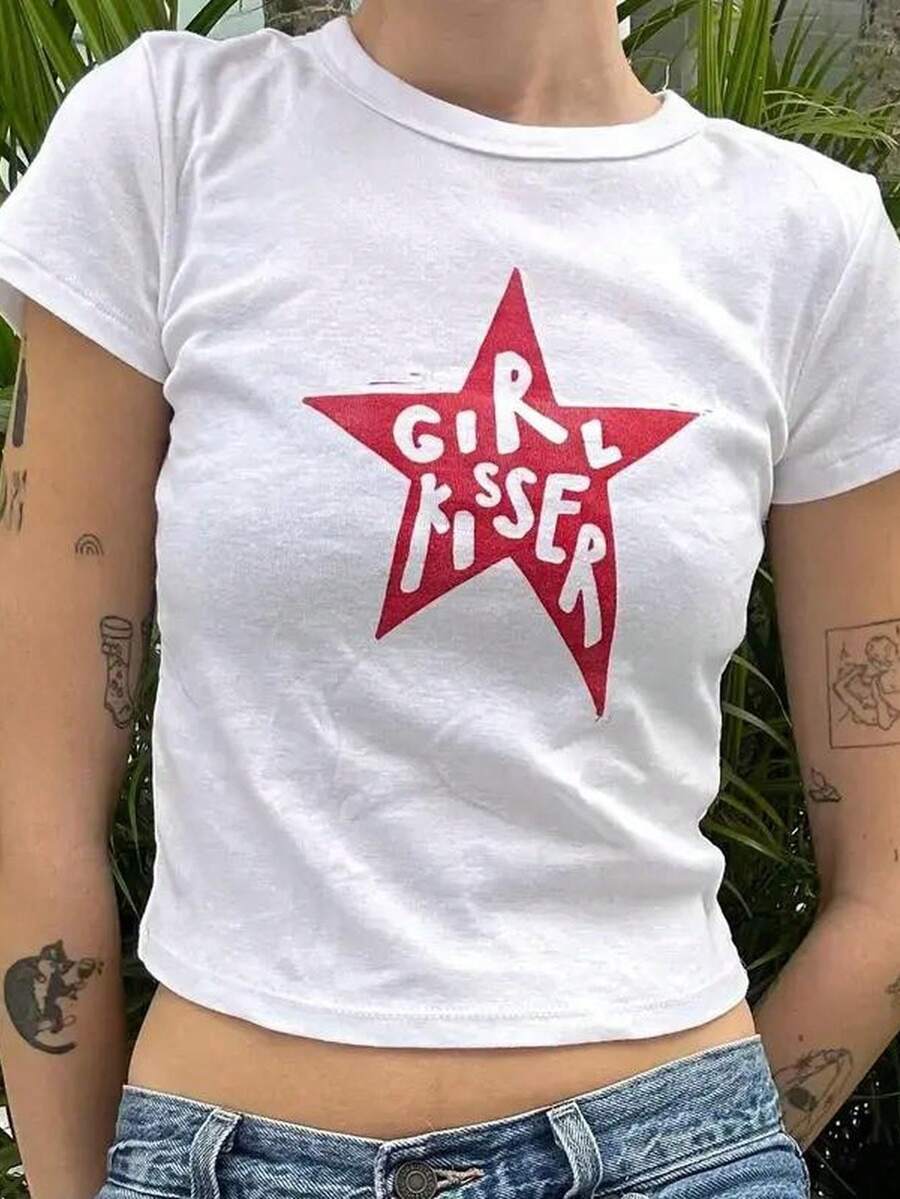 Girl Kisser Baby Tee, Lesbian Pride Funny Quote Y2K Streetwear, LGBTQ Queer Clothing Baby Tee-Loose-Fit Easy Relaxed Style, - trắng - Xem 1