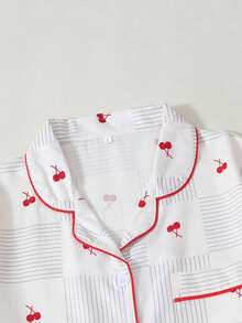 Cherry Print Women's Bubble Crinkle Short Sleeve Shorts Pajama Set - Apricot - View 2