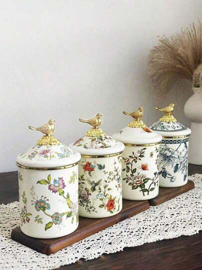 1 Set 850ml Enamel Storage Jars, Luxury Style With Lids - Suitable For Home And Office, Great For Storing Tea Leaves, Coffee Beans, General Items; Perfect Gift For Elders And Relatives