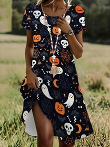 Halloween Dress Black With Pumpkin Ghost Skull And Spiderweb Print For Party And Costume Events - 彩色 - 查看 1