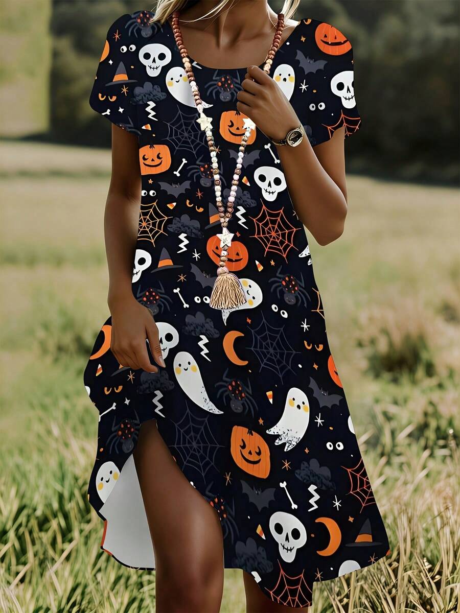 Halloween Dress Black With Pumpkin Ghost Skull And Spiderweb Print For Party And Costume Events - 彩色 - 查看 1