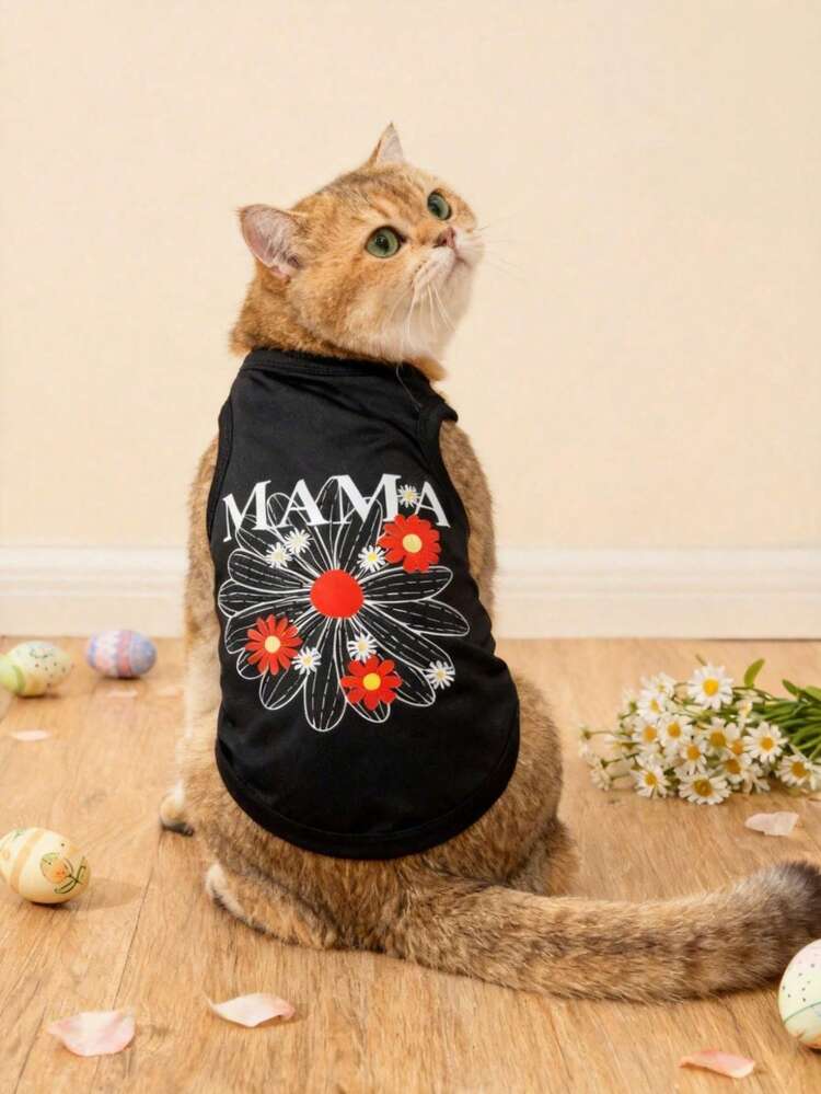 1pc Black "Mama" Slogan & Colorful Daisy Print Pet Vest, Physical Anti-Flea & Reduce Shedding, Insulation & Breathable, Suitable For Small & Large Dogs, Indoor & Outdoor - Black - View 4
