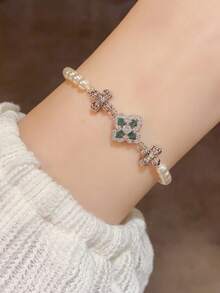 1件精致水晶珍珠四叶草手链，简约奢华锆石百搭可调节金属首饰 - 鋯石四葉花珍珠手鍊 - 查看 8