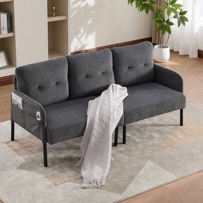 Modern 2-Seater Sofa, Plush Corduroy Upholstered Couch With Metal Legs & Side Storage Pockets, High-Density Foam, Compact Design For Living Room, Bedroom, Apartment, Dorm, Office