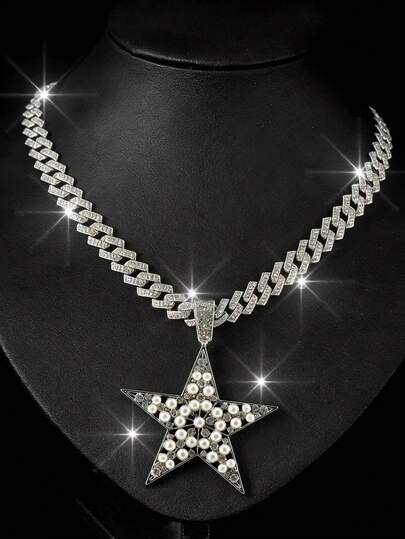 1pc Pentagram Pendant Decorated With Pearl & Rhinestone, Versatile Men's Necklace Suitable For Daily Wear