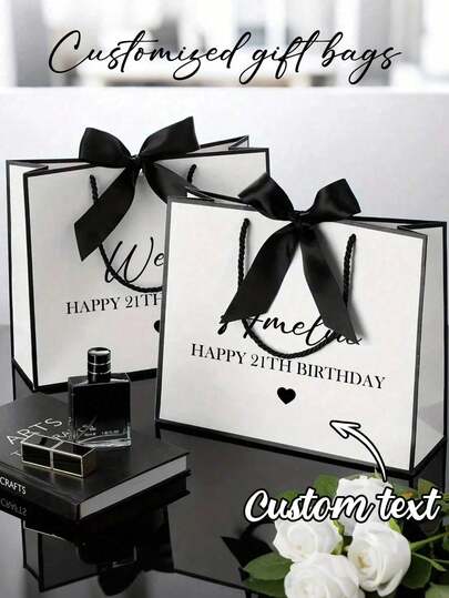 Customized Gift Bag With Logo, Name, Blessing, Birthday Gift Bag, Creative High-End Black Bow Customized Gift Bag, Multi-Functional Decorative Reusable Exquisite Fashion High-Quality Colorful Modern Customized Personalized Unique Gift, Suitable For Boyfriend, Girlfriend, Parents, Family, Christmas Gift