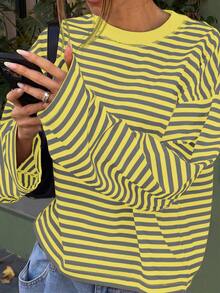 SDNGED Women's Casual Top, Striped Color Block Ribbed Fabric, Everyday Wear Spring/Autumn - Yellow Gray - View 3