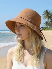 1pc Women's Outdoor Sun Hat, Fashion Versatile Bow Decor Wide Brim Bucket Hat, Flattering - Multicolor - View 3