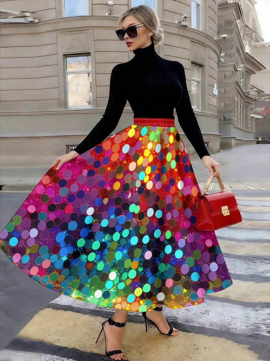 Y2K Millennium Spicy Style Rainbow Polka Dot High-Waist Flared Skirt. Vintage Y2K Style Rainbow Gradient Polka Dot Print. Suitable For Parties, Daily Outings, And Music Festivals - 風格 - 查看 1