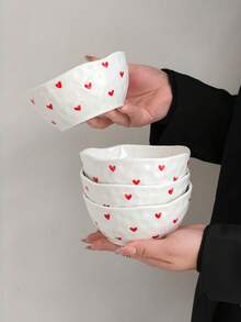 1pc/2pcs/4pcs Set Asymmetrical Heart-Shaped Handmade Ceramic Rice/Snack/Dessert Bowl, Exquisite Girly Glazed Ceramic Bowl, Suitable For Home, Restaurant, Cafe - Multicolor - View 3