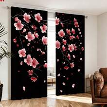 2D Flat Design, 2pcs/Set Sakura Floral Sheer Curtains, Pink Flowers On Black Background, Suitable For Bedroom And Office, Machine Washable Modern Decorative Panel, 2D Flat Style - 2pcs - View 2