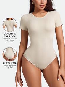 Suprenx 罗纹连体衣，情人节女士塑身连体衣，收腹，圆领短袖上衣 - 米色 - 查看 4