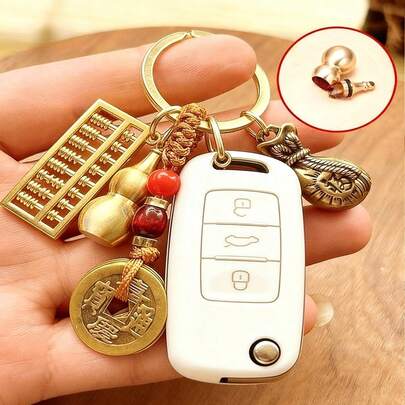 1 móc khóa bùa hộ mệnh phong thủy: Túi tiền Trung Quốc, quả bầu rỗng, bàn tính, đồng xu Ngũ Địa, dây thừng vàng, tượng trưng cho sự giàu có, thành công và may mắn. Vật trang trí treo xe, bùa hộ mệnh. Món quà thích hợp cho sếp, kế toán hoặc bạn bè.