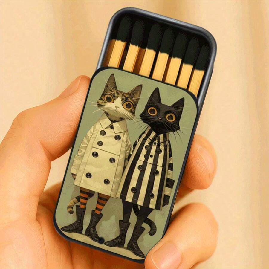 1 Peça 3.3cm*6cm Caixa de Fósforos Metálica com Gato Duplo em Sobretudo | Lata de Armazenamento de Ferro Portátil Retrô para Fósforos, Moedas & Bugigangas | EDC Vintage para Uso Diário | Estojo Mini Multiuso para Viagem & Presente