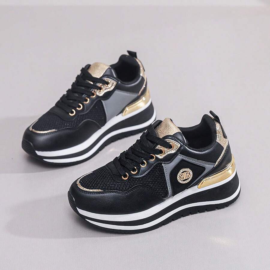 Metal Eyelet Lace-Up Casual Wedge Sneakers - Black - View 1
