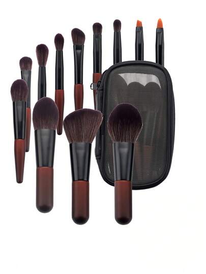 12件套迷你便携化妆刷套装，包含眼影刷、腮红刷、散粉刷，全套化妆工具，木柄化妆刷，母亲节礼物