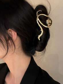 1pc Gold-Tone Geometric Asymmetrical Line Design Hair Claw Clip, Stylish Metal Hair Accessory,Summer,Holiday,Travel - Gold - View 2