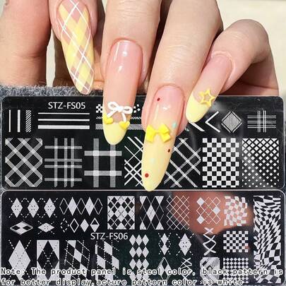 1/2PCS Geometric Grid Line Nail Template, Diamond Checkerboard Nail Art Hot Stamping Board, Holiday Nail Decoration, DIY Salon Home Nail Products