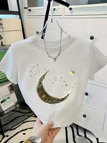 Summer Clothes[New Products Arrive With Great Power] Ultra-Short Moon Print Women's Casual Fashion Round Neck Short Sleeve T-Shirt, Stylish Swear For S Unisex T-Shirts For Summer Outingskids - 白色 - 查看 7