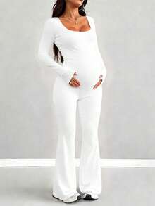 Parara Maternity Long Sleeve Jumpsuit, Tight & Comfortable Casual All-Season, Fashionable Layering, Sporty & Leisure Style, Suitable For Dates, Daily Wear, Halloween, And Home White - White - View 2