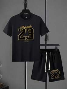 2pcs Men's Regular Fit Short Sleeve T-Shirt And Shorts Set, Personalized Print Pattern Fashion Casual Outgoing Outfit, Pocket Design Elastic Waist Drawstring Pants, Suitable For Basketball, Fishing, Outdoor Sports, Great Gift For Husband Or Boyfriend - Áo phông đen - Xem 2