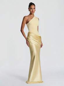 Elegant Asymmetrical Shoulder Fitted Cocktail Dress, Ruched Waist & Hip Design, Suitable For Formal Occasions, Wedding Parties, Bridesmaid Dresses Party - Gold - View 8