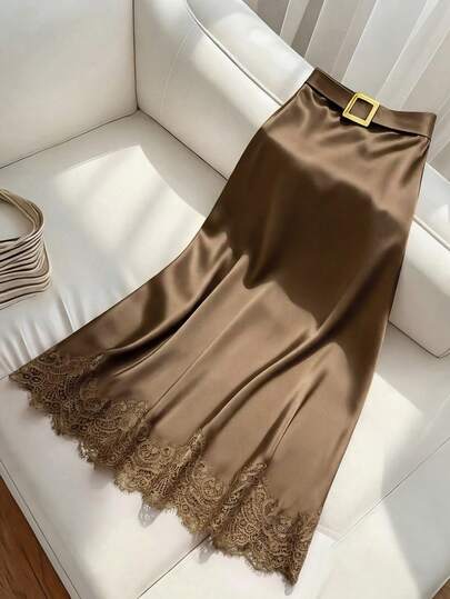 Women's Elegant Brown Polyester Maxi Skirt With Delicate Contrast Lace Details, Non-Stretch Casual Style, Brown Skirt & Spring Casual Wear, Music Festival Outfit
