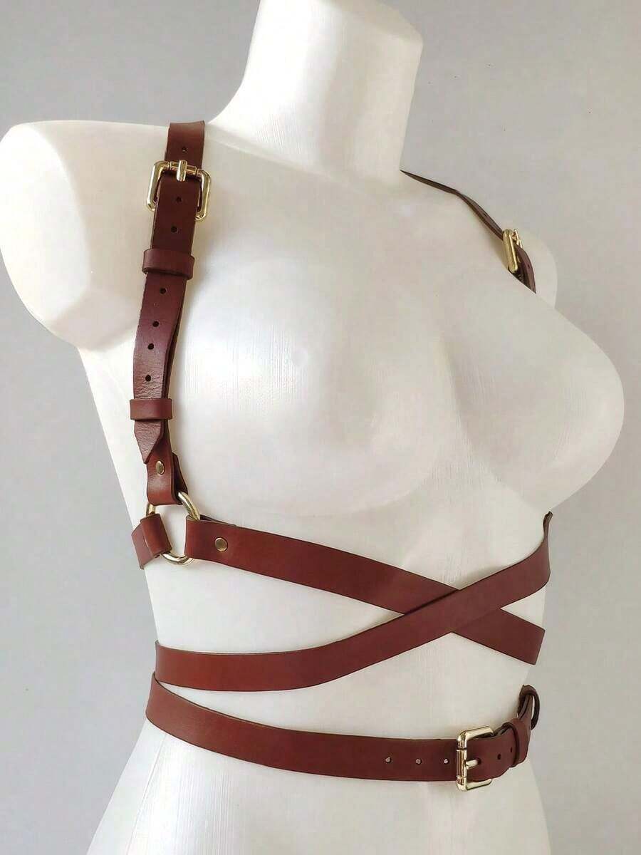 1pc Women's Elegant Coffee PU Leather Bustier Corset Waist Belt, Streetwear Body Harness Suitable For Daily Commute, Holidays, Parties, Halloween, Christmas Outfit Accessory - 咖啡棕 - 查看 1