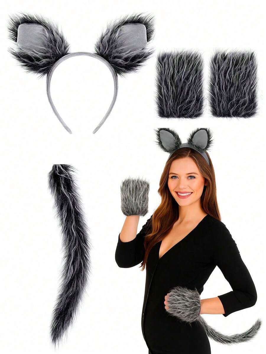 Bộ 3 món phụ kiện hóa trang sói xám dễ thương bao gồm băng đô tai sói, găng tay và đuôi, thích hợp cho hóa trang Halloween, tiệc theo chủ đề, trò chơi nhập vai, lễ Phục sinh, lễ hội Carnival, Giáng sinh, Ngày lễ tình nhân và trang trí sân khấu. - Nhiều màu - Xem 1