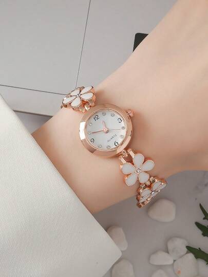 Reloj pulsera con flor de cinco pétalos de estilo cremoso | Reloj de cuarzo con diamantes incrustados en oro rosa suave | Reloj versátil de alta gama para estudiantes y viajes de mujeres 1 pieza/set