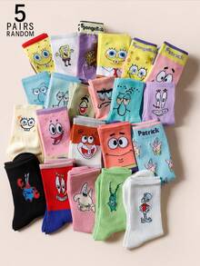 SpongeBob SquarePants 5双卡通图案袜子，包括趣味表情、章鱼、海星和条纹图案，舒适透气，休闲家居服风格 - 彩色 - 查看 11