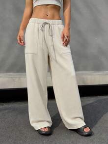 女士无弹力梭织面料直筒裤，带口袋 - 卡其色 - 查看 5