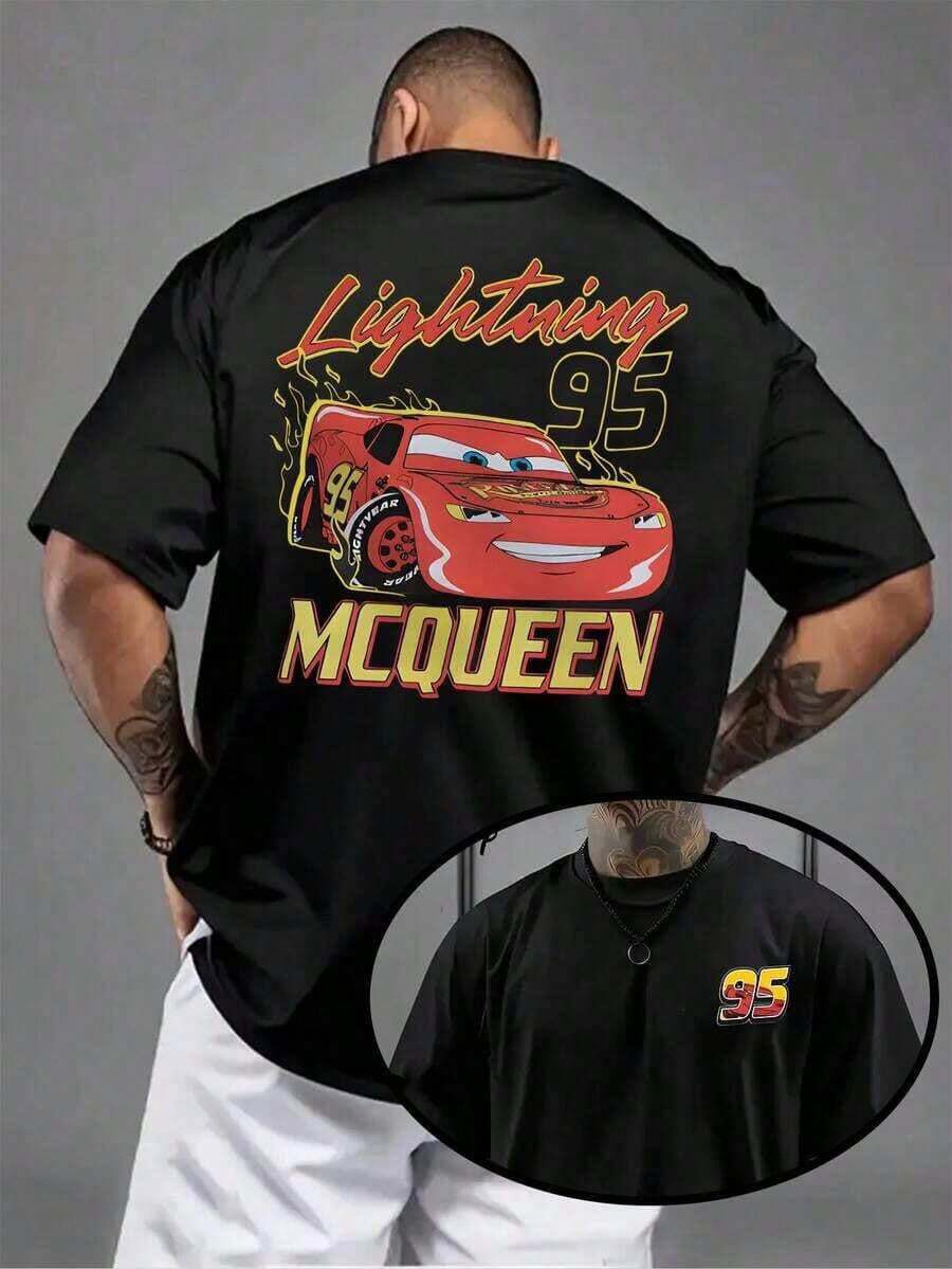 1 PcsDisney's Cars McQueen Style + No. 95 Logo Summer T-Shirt, Made Of Pure Cotton, With A One-Piece Design And Comfortable, Breathable Pure Cotton Fabric. Perfect For Disney Lovers And Couples To Wear In Disney Parks; A High-Quality Fashion Brand, It's The Ideal Surprise Gift For Family And Friends. - 黑色的 - 查看 1