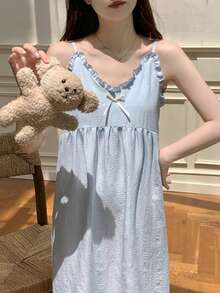 2pcs Women's Sleepwear Set, Solid Color V-Neck Ruffle Trim Slip Dress, Sexy Cute Comfortable Casual Style, Easy Care Fabric, Spring/Summer - Blue - View 9