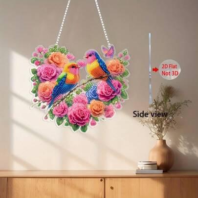 Đồ trang trí treo tường hình kim cương 2D/phẳng tự làm, không đối xứng - Hoa, Chim, Trái tim, thích hợp trang trí nhà cửa và văn phòng.