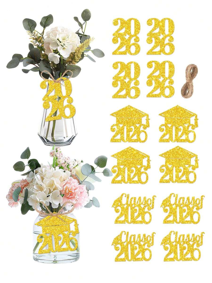 12pcs/Set Gold Glitter "Class Of 2026" Graduation Party Vase Tags Decorations - Gold - View 1