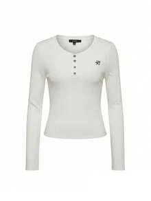 Women's Long Sleeve Ruched Shoulder Embroidered Button T-Shirt, Gentle Waist Design Spring - Apricot - View 7