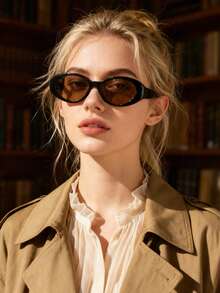 1pc Retro Oval Small Frame Women's Fashion Glasses, Minimalist Fashion Eyewear For Outdoor Street Style - Black Frame Tea Leaves - View 1