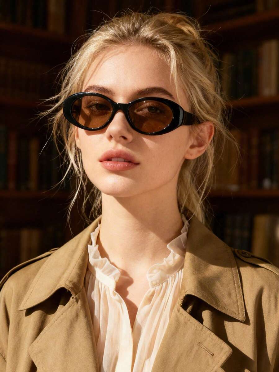 1pc Retro Oval Small Frame Women's Fashion Glasses, Minimalist Fashion Eyewear For Outdoor Street Style - Black Frame Tea Leaves - View 1
