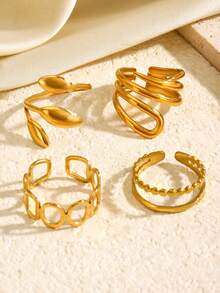 4 pezzi/5 pezzi Set di anelli in acciaio inossidabile placcato oro 18K con linee geometriche minimaliste ed eleganti e motivi a foglia ovale, adatti per uso quotidiano, festival, feste, shopping, appuntamenti, regalo di gioielli chic per le donne - Multicolore - Visualizzare 6