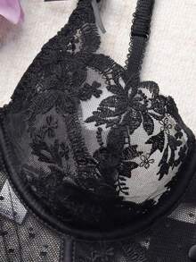 2 piezas Conjunto de lencería sexy con bordado floral para mujeres - Negro - Ver 6