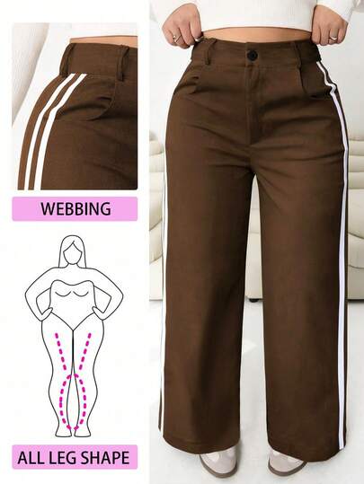 Calça reta de perna reta com listras laterais e contraste de cor para mulheres plus size, calça casual, solta e confortável, adequada para uso diário e no escritório na primavera