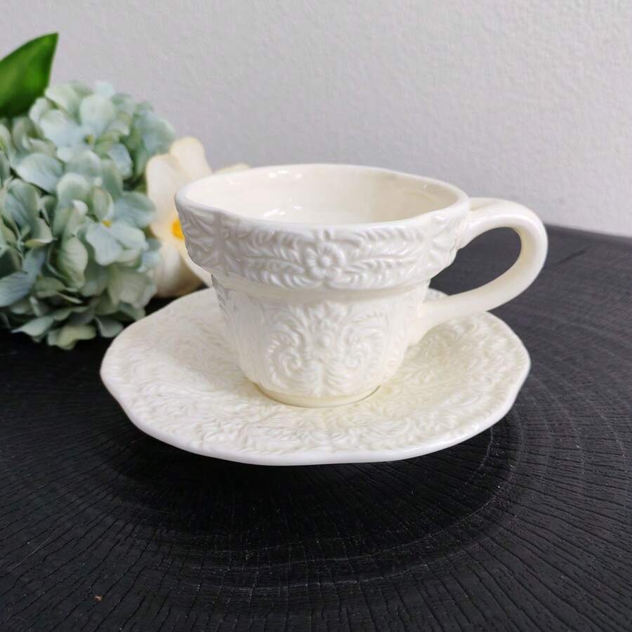 200ml Rococo Style Embossed Ceramic Cup & Saucer Set - Embossed Rococo Cup and Saucer Set - View 1